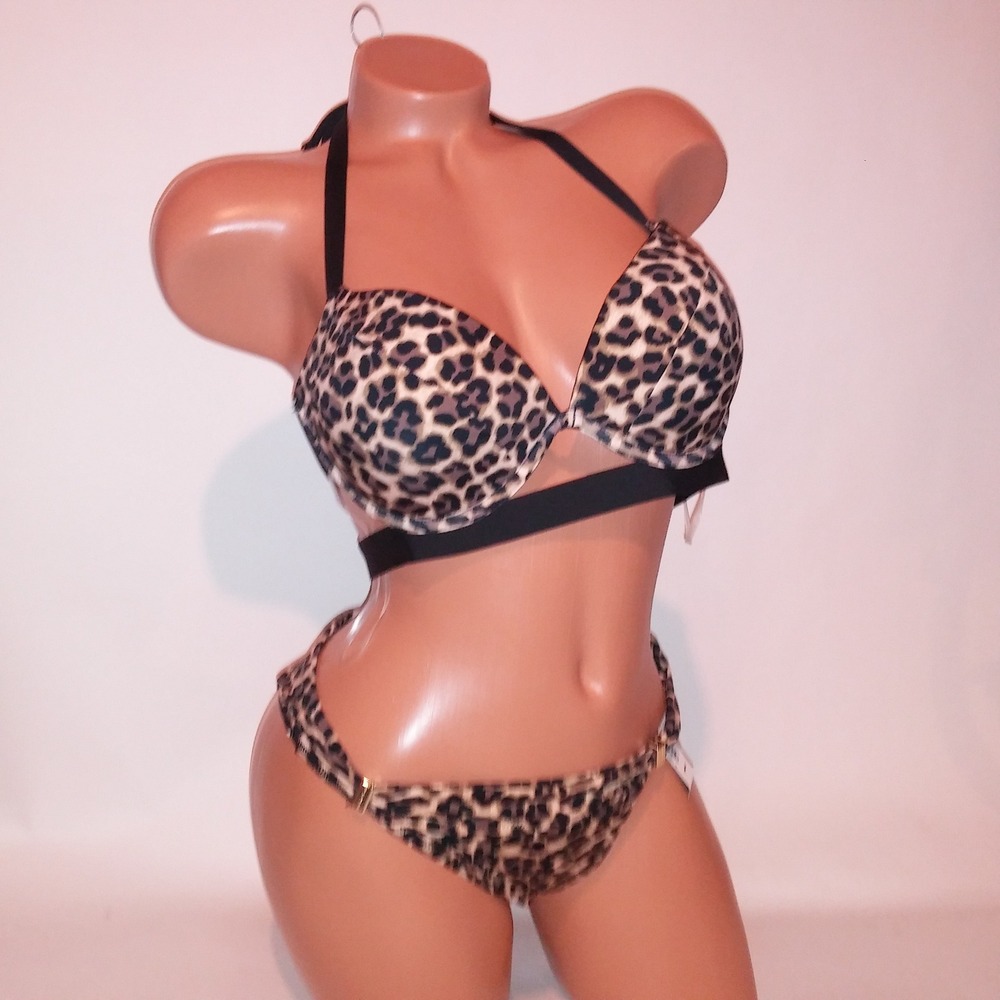 Victoria Secret Swim Bikini 36C Top Medium Bottom Hottie Halter Leopard Push Up